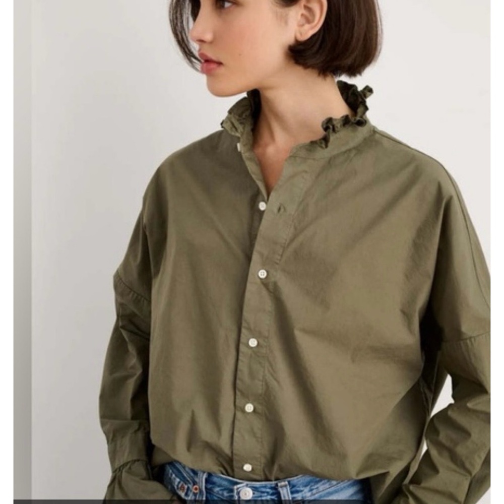 Alex Mill Easy Ruffle Olive Cotton High Collar Curved Hem Top Size Medium